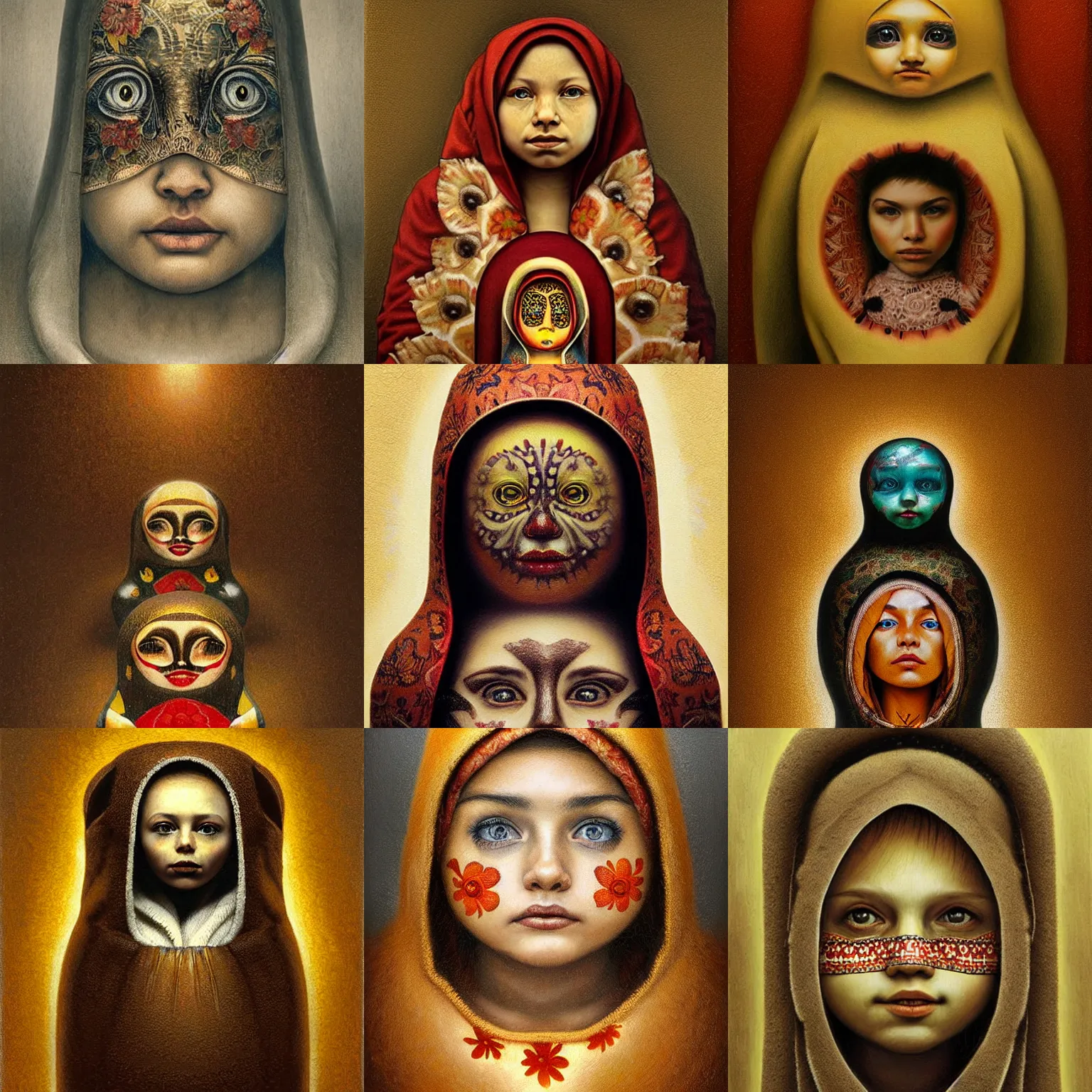 Prompt: a matryoshka portrait, photorealistic, highly detailed, art by brad kunkle