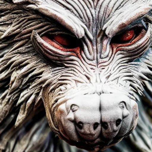 Image similar to photo taken of an epic intricate, ultra detailed, super realistic gritty, terrifying, lifelike bust sculpture of a werewolf creature design, created by weta workshop, zoomed in shots, photorealistic, sharp focus, white wall coloured workshop, cold colour temperture, f 0. 4, face centred