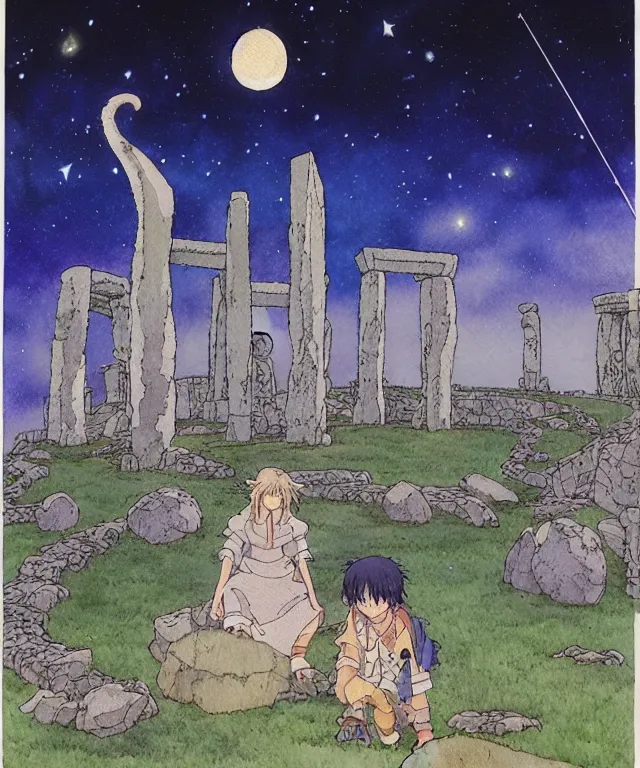 Image similar to a hyperrealist studio ghibli watercolor fantasy concept art. in the foreground is a giant grey octopus building and putting stones in to place on top of stonehenge with shooting stars all over the sky in the background. by rebecca guay, michael kaluta, charles vess