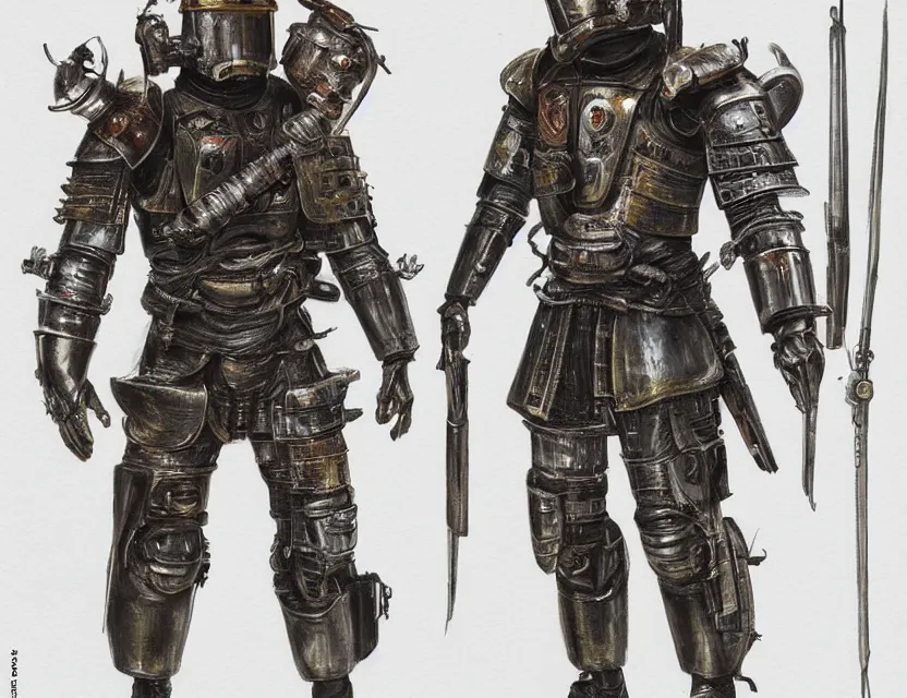 Image similar to a detailed portrait painting of a lone bounty hunter wearing combat armour and a reflective visor. Head and chest only. Dieselpunk elements. Movie scene, cinematic sci-fi scene. Flight suit, cloth and metal, accurate anatomy. Samurai influence, knight influence. fencing armour. portrait symmetrical and science fiction theme with lightning, aurora lighting. clouds and stars. Futurism by moebius beksinski carl spitzweg moebius and tuomas korpi. baroque elements. baroque element. intricate artwork by caravaggio. Oil painting. Trending on artstation. 8k