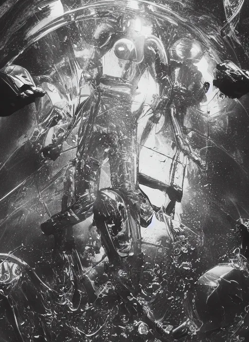 Image similar to astronauts in dark minimalists underwater - hyperdetailed suit. reflection and dispersion plastic materials. water bubbles. rays and dispersion of light. volumetric light. 5 0 mm, f / 3 2. noise film photo. flash photography. ultra realistic, wide angle. poster by wayne barlowe, hajime sorayama aaron horkey, craig mullins. dark key.