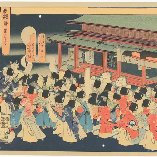 Image similar to masterpiece ukiyo-e painting of a cat parade at night