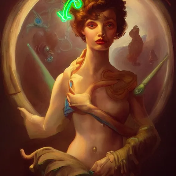 Image similar to a highly detailed portrait in the style of john currin and in the style of peter mohrbacher. glowing rune of magical power.