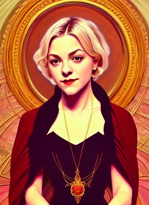 Prompt: oil portrait o sabrina spellman, intricate, elegant, highly detailed, lighting, painting, artstation, smooth, illustration, art by greg rutowski and alphonse mucha