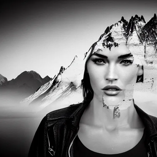 Prompt: double - exposure effect of megan fox face blended in beautiful mountains, in the style of dan mountford, amazing detail, black and white