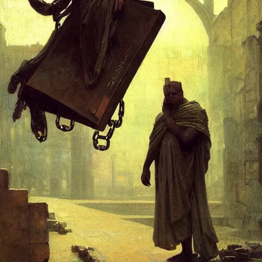 Image similar to half portait of magican wearing a closed cowl holding a big old book! with chains!! on his wrist, jeremy mann, jean leon gerome, alphonse mucha, greg rutkowski, hood covers his eyes, ( ( ruins of ancient rome ) ), at dusk, mysterious atmosphere, sunrays, dof, masterpiece, high detailed, 8 k