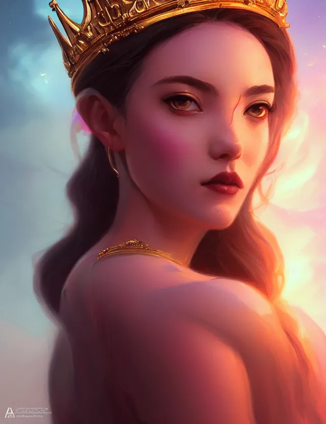 Image similar to blurred background. close-up portrait of a goddess in crown, by Artgerm and beeple and greg rutkowski