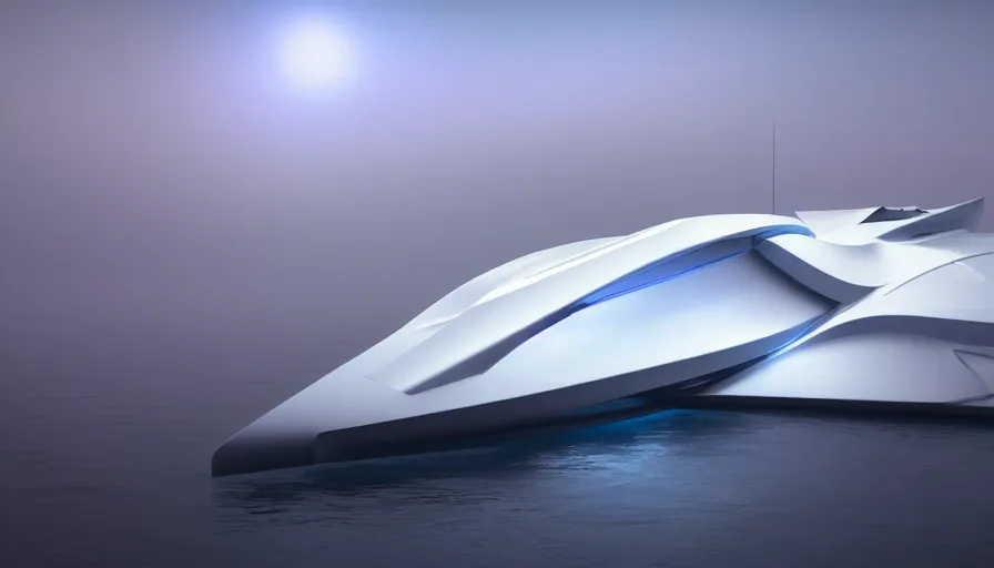 Prompt: a futuristic sport yacht by alphonse mucha, zaha hadid, volumetric light, detailed, octane render, midsommar