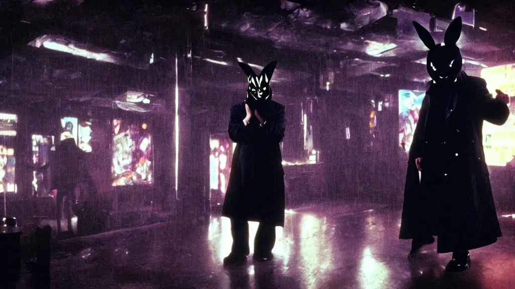 Image similar to a man in a trench coat wearing a black rabbit mask standing in a cyberpunk club on the dance floor , film still from the an anime directed by Katsuhiro Otomo with art direction by Salvador Dalí, wide lens