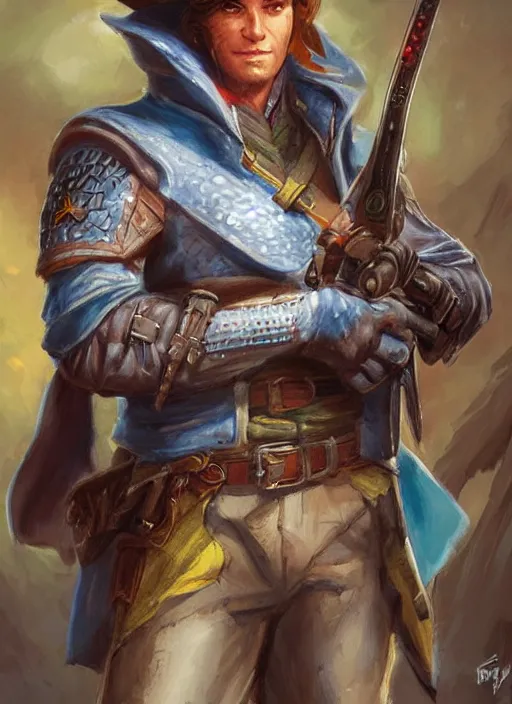 Prompt: gun slinger, dndbeyond, bright, colourful, realistic, dnd character portrait, full body, pathfinder, pinterest, art by ralph horsley, dnd, rpg, lotr game design fanart by concept art, behance hd, artstation, deviantart, hdr render in unreal engine 5