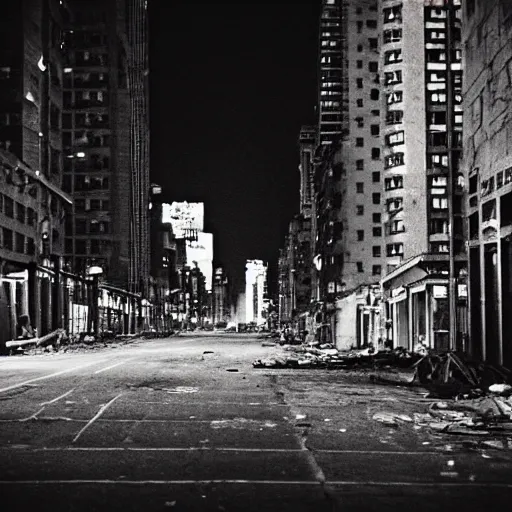 Image similar to photo of abandoned destroyed New York city street at night after the war between humans and AIs, film grain, soft vignette, Canon EOS Digital Rebel XTi, 100-300mm Canon f/5.6, Exposure time: 1/160, ISO 400