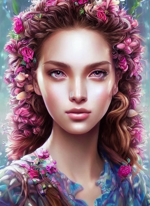 Prompt: beautiful, young woman, extremely detailed gorgeous face, looks realistic, hyper-detailed portrait, sad eyes tears, vaporwave aesthetic, synthwave, magical, fantasy, flowers, artist Artgerm i and WLOP