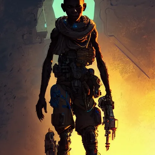 Image similar to a dark and ominous cyborg african child soldier with glowing eyes, Apex Legends character digital illustration portrait design, by android jones and greg rutkowski in a cyberpunk voodoo style, detailed, cinematic lighting, wide angle action dynamic portrait