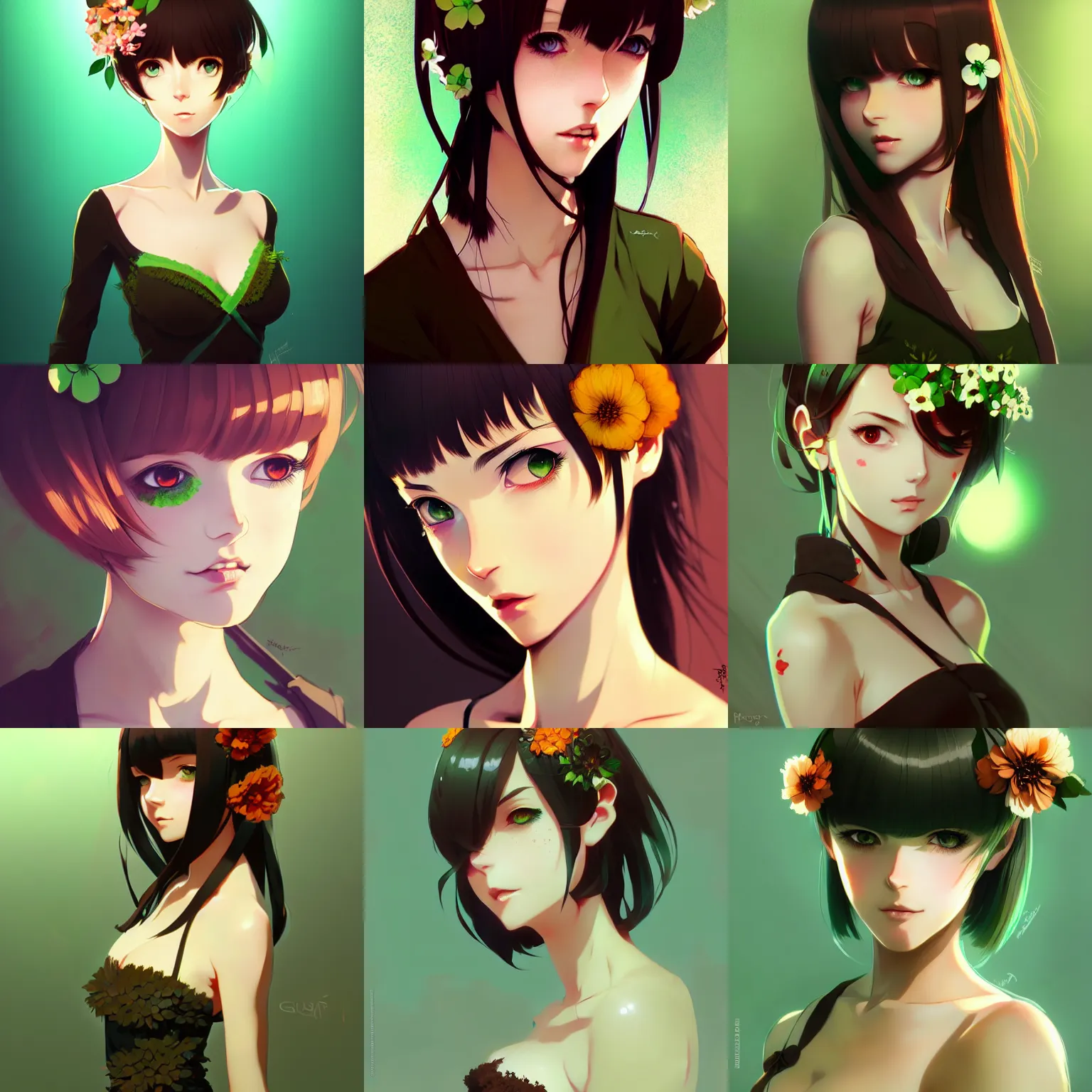 Prompt: sexy girl with green eyes, flower in her hair, wearing a camisole, black and brown colors, in the style of and ilya kuvshinov and greg rutkowski, high quality anime artstyle, intricate