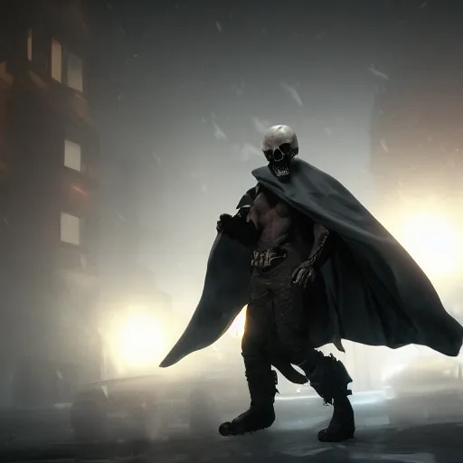 Image similar to a hero with a cape holding a skull during a blizzard in a city, award winning, trending on artstation, unreal engine