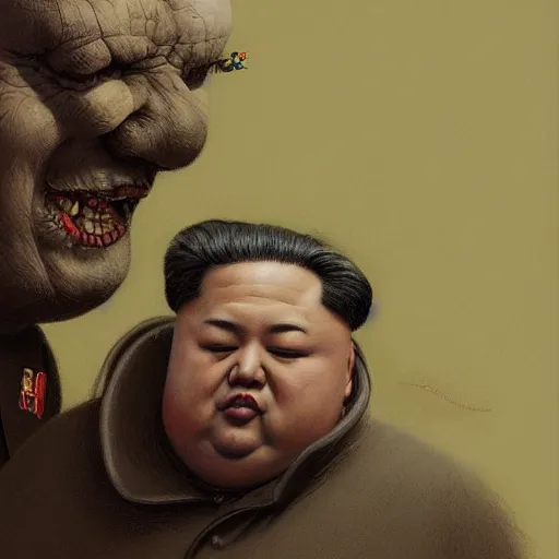 Image similar to Portrait of Kim Jong-un as Tweedledum and Tweedledee, dark fantasy, intricate, smooth, artstation, painted by Wayne Barlowe, Greg Rutkowski, Zdislav Beksinski