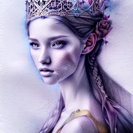 Image similar to hyper realistic pencil drawing of a fantasy princess, muted water color, full portrait, detailed, rim light, diffused, intricate, by anna dittmann