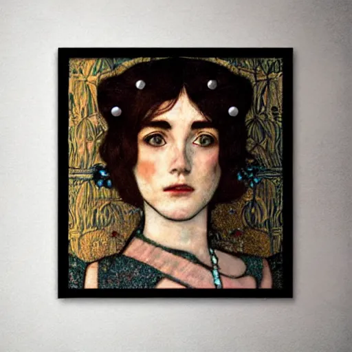 Prompt: portrait of a beautiful young lady with silver eyes, colored daguerreotype, woodcut, poster art, by klimt, by schiele, by mucha, by Mackintosh