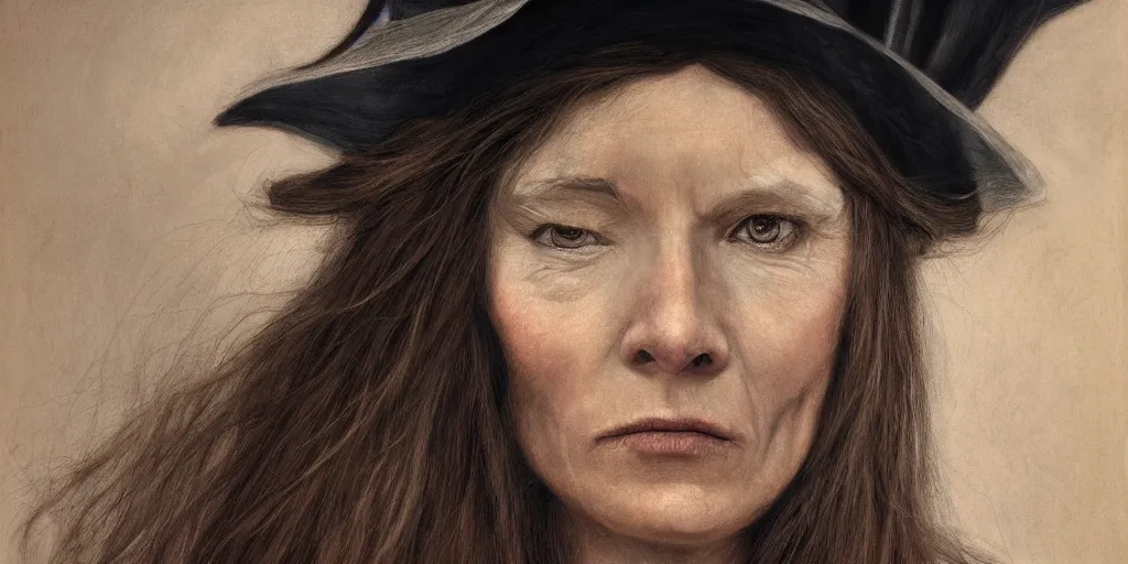 Prompt: realistic portrait of witch woman, long hair, 1 4 5 0, delicate, hyper realism, ultra realistic, 8 k