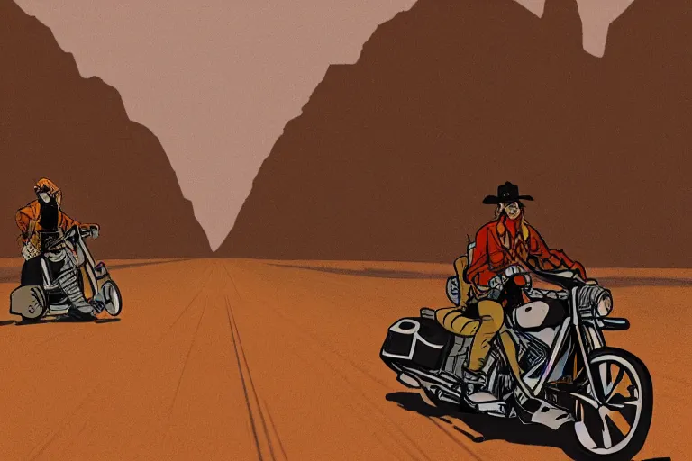 Prompt: cowboy riding a harley davidson in a desert road, cowboy shot, perspective, art by satoshi kon, soft colors