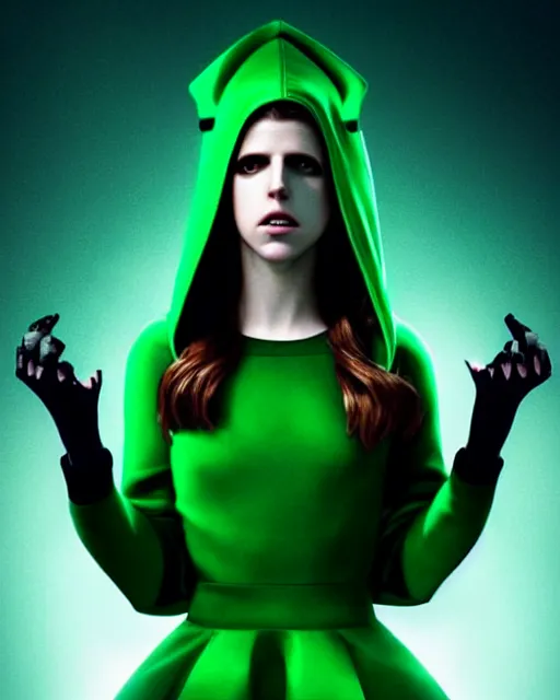 Prompt: Flore Maquin art, cinematics lighting, beautiful Anna Kendrick supervillain, green dress with a black hood, angry, symmetrical face, Symmetrical eyes, full body, flying in the air over city, night time, red mood in background
