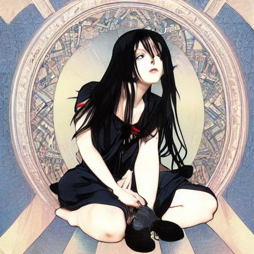 Prompt: photo of lonely young girl エウリン with straight long black hair wearing black dress that sitting on bathroom floor, model エリサヘス ・ セイモア from acquamodels. com, render by artgem and alphonse mucha for capcom co, resident evil