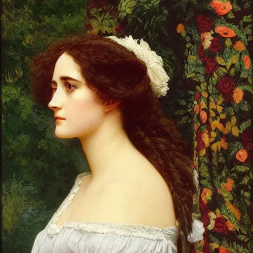 Prompt: portrait en buste of eva green in an edwardian dress by frederic william burton and frederic leighton, abundantly detailed, perfectly detailed eyes