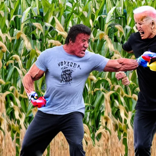 Prompt: Sylvester Stallone punching joe biden in a corn maze