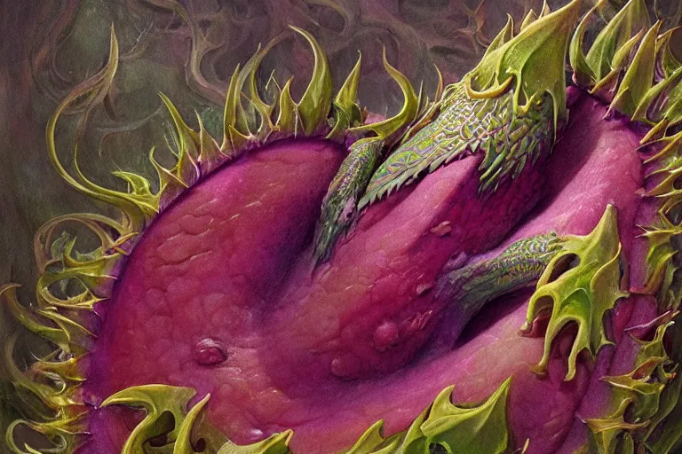 Prompt: dragonfruit wizard, painted by wendy froud and wayne douglas barlowe, trending on artstation, bright closeup view movie poster, mandelbulb 3 d, fresco, watercolor painting, daguerreotype