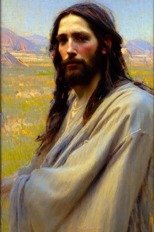 Prompt: impressionist brushstrokes!!!!!!!!! solomon joseph solomon and richard schmid and jeremy lipking victorian loose genre loose painting full length portrait painting of jesus with a slight smile