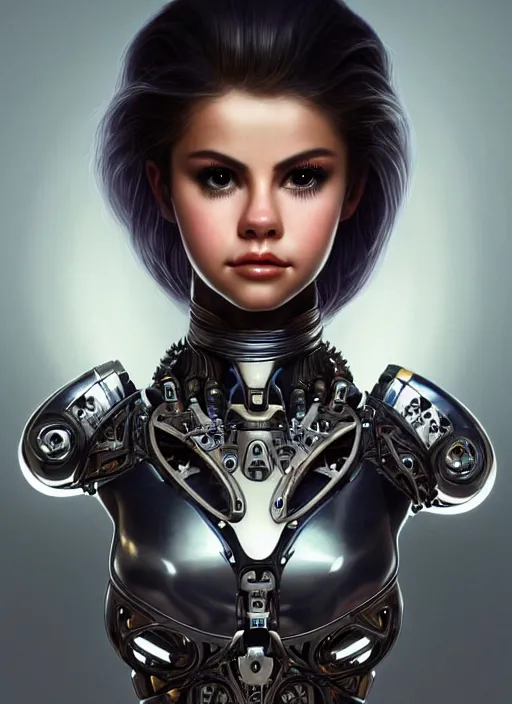 Prompt: portrait of a beautiful female robot from the future wearing biomechanical armor, selena gomez, carrying a rifle, intricate, elegant, glowing lights in armor, highly detailed, digital painting, artstation, glamor pose, concept art, smooth, sharp focus, illustration, epic angle, art by artgerm and greg rutkowski, artey freytag, alvin schwartz