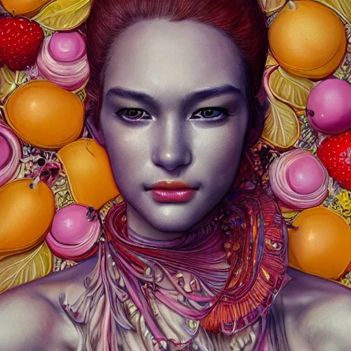 Prompt: the portrait of an incredibly beautiful, graceful, elegant woman comprised of fruit, an ultrafine detailed illustration by kim jung gi, irakli nadar, intricate linework, bright colors, final fantasy, behance contest winner, angular, unreal engine 5 highly rendered, global illumination, radiant light, detailed and intricate environment