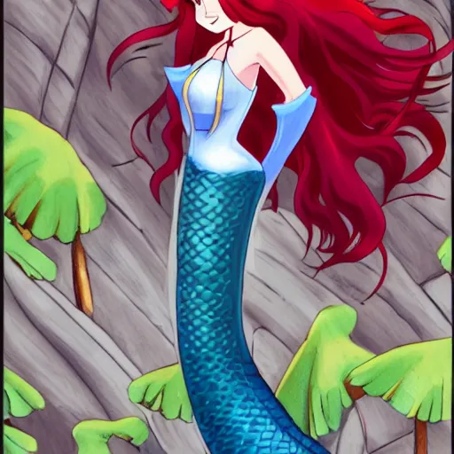 Prompt: mermaid in the lake of kanto vermillon city red hair very tall and flowey red hair manga