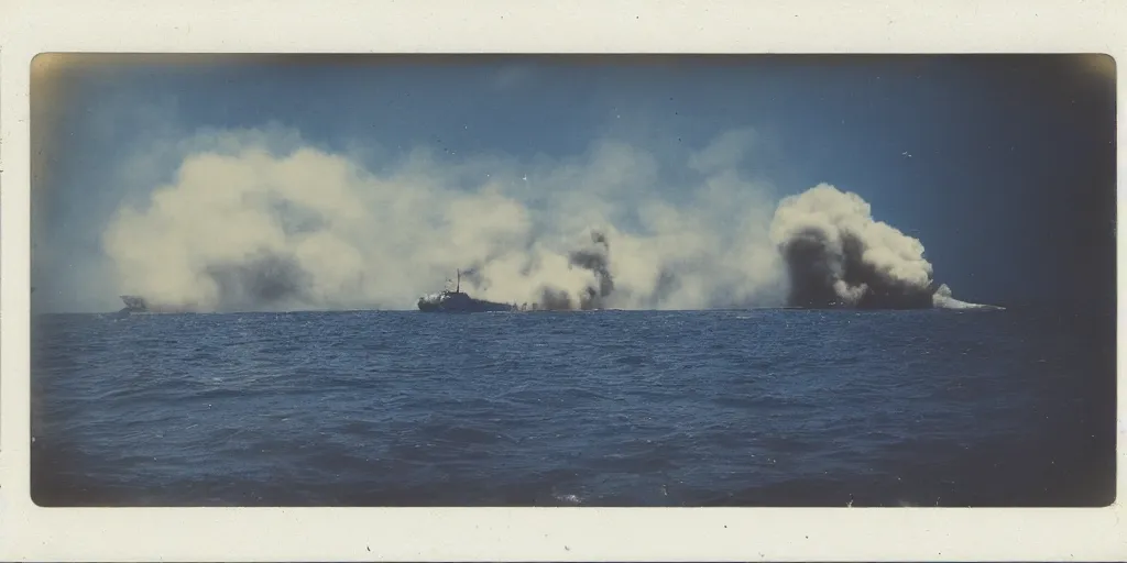 Image similar to polaroid photo of a sinking and burning ship, big smoke clouds coming from the ship, bright blue sky, slight color bleed