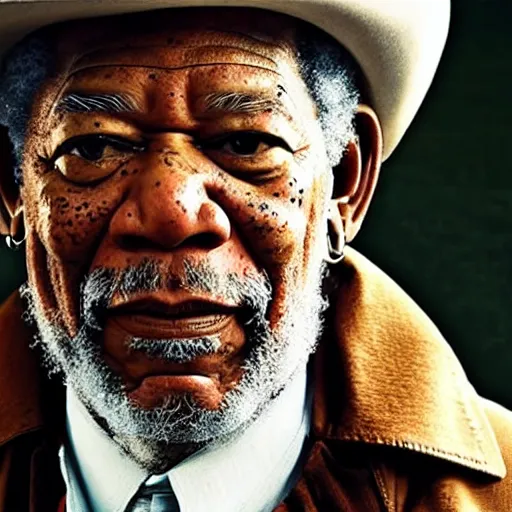 Image similar to an film still of morgan freeman as cowboy with beard, western background