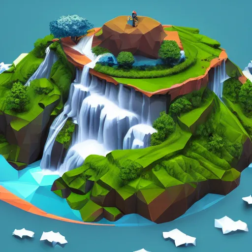 Image similar to low poly art of new york on a round floating island in the sky, surrounded by waterfalls, isometric art, 3d render, ray tracing, high detail, artstation, concept art, behance, smooth, sharp focus, ethereal lighting, unreal engine 5