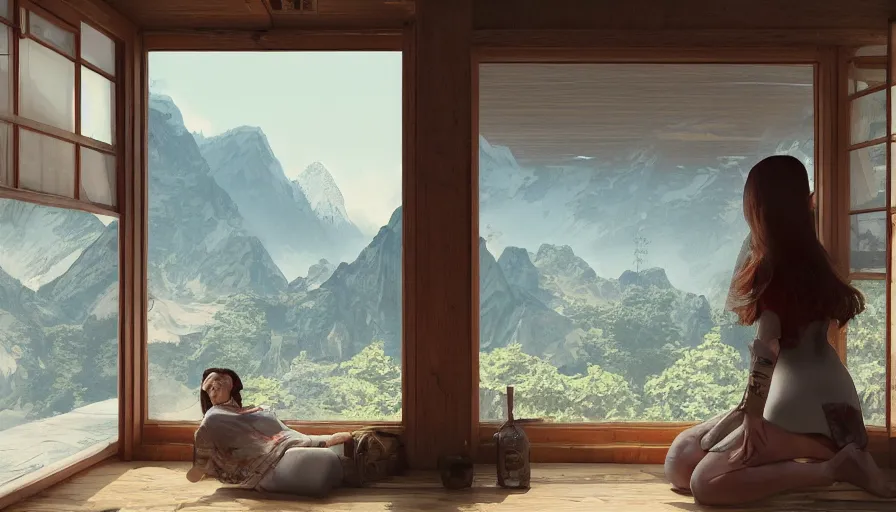 Image similar to woman on the floor looking mountains through windows in old japanese house built on mountains, hyperdetailed, artstation, cgsociety, 8 k