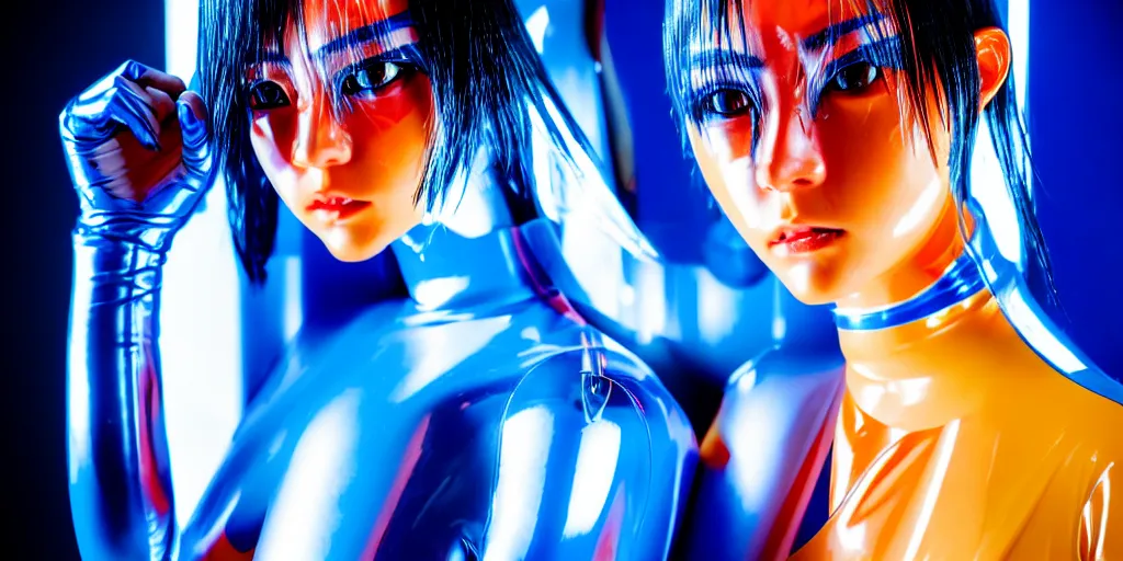 Image similar to a close - up risograph of cyberpunk japanese model girl with black eyes and pretty face wearing latex catsuit and lots of transparent and cellophane accessories, blue hour, twilight, cool, portrait, kodachrome, iso 1 2 0 0, painting by moebius