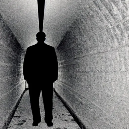 Prompt: a tall man shadow waiting at the end of a tunnel at night, found footage, 8 mm