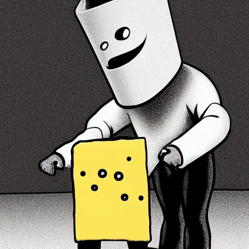 Image similar to anthropomorphic cheese wedge, man with cheese for a head, cheese wedge man. man is similar to a golem of cheese. This man is made COMPLETELY of cheese!