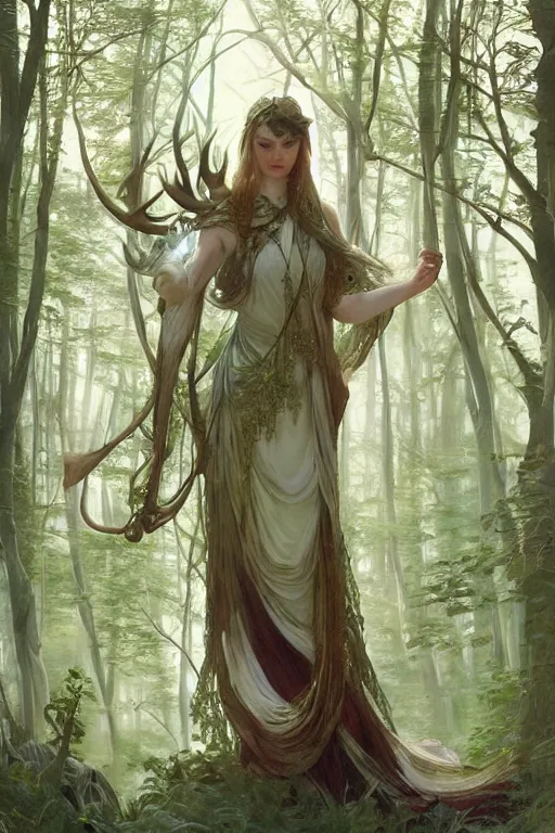Image similar to Magical White Stag in the distance, lush green deep forest, cold light, art nouveau, 4K, character concept art, oil painting, digital painting, painterly, trending in artstation, cgsociety, by Alphonse Mucha, Artgerm, Greg Rutkowski, Tom Bagshaw, Sargent