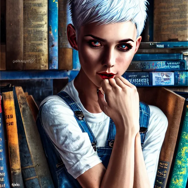 Image similar to full body pose, beautiful adult woman, short white hair shaved sides, dirty, grungy, grunge, long sleeve, painted overalls, stacks of giant books, highly detailed, 4 k, hdr, smooth, sharp focus, high resolution, award - winning photo, artgerm, photorealistic