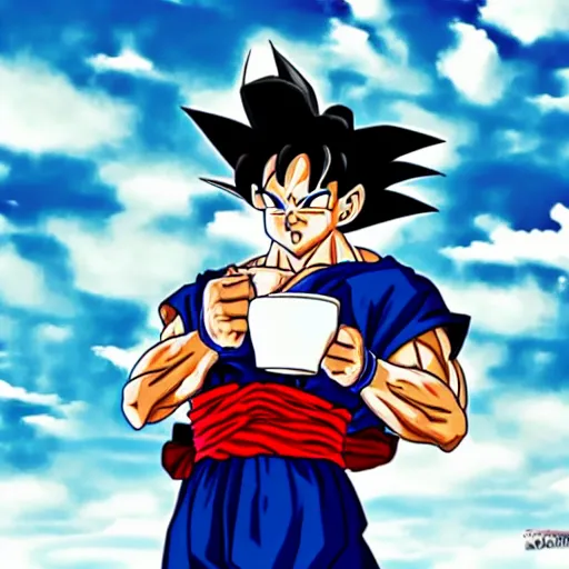 Prompt: goku drinking coffee