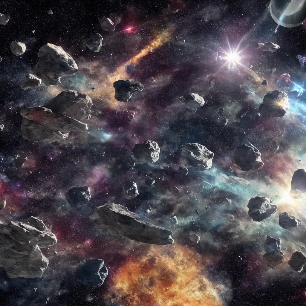 Image similar to galactic space fleet flying safely into an asteroid belt, 8 k resolution