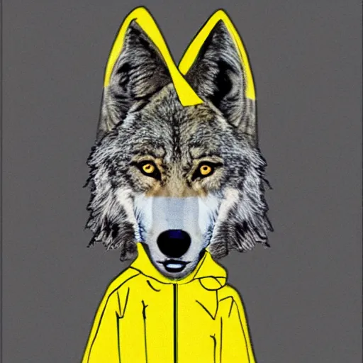 Image similar to a full-body sketch of an anthro mexican gray wolf face wearing a yellow raincoat from Dark (Netflix series)