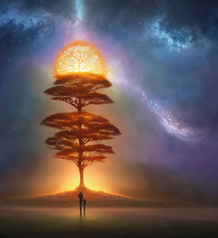 Prompt: epic chromatic tree of life centered on a hill glowing from within japanese, intricate, elegant, volumetric lighting, digital painting, highly detailed, artstation, sharp focus, milky way galaxy, symmetrical, illustration, concept art, ruan jia, steve mccurry