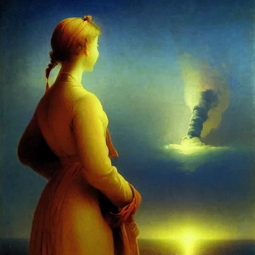 Prompt: beautiful young woman looking at giant nuclear explosion, artwork by Aivazovsky, Ivan