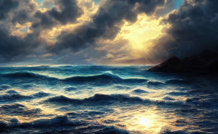 Image similar to Sun coming in the sea after a storm, beautiful landscape, digital painting, realistic, 4k, trending in ArtStation, beautiful and romantic, detailed water