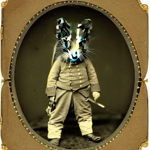 Prompt: portrait of a small pet hamster!!!!!!!!!!! dressed in a confederate army costume, mathew brady photo