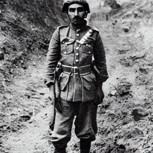 Prompt: Kurdish soldier wearing Kurdish clothes, ww1 trench, war photo, award winning photo